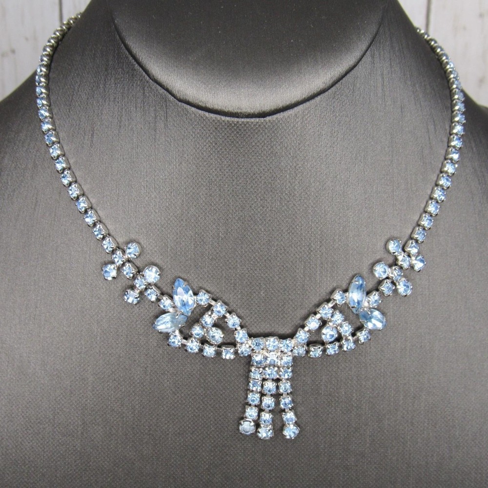 Vintage Blue Rhinestone Bow Tie Silver Tone Choker Necklace